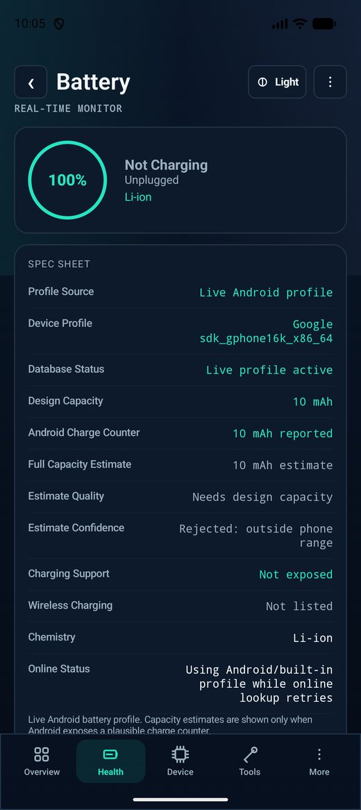 VoltGuard Battery screen with a real-time charge monitor and a spec sheet listing profile source, design capacity, charge counter and estimate confidence.