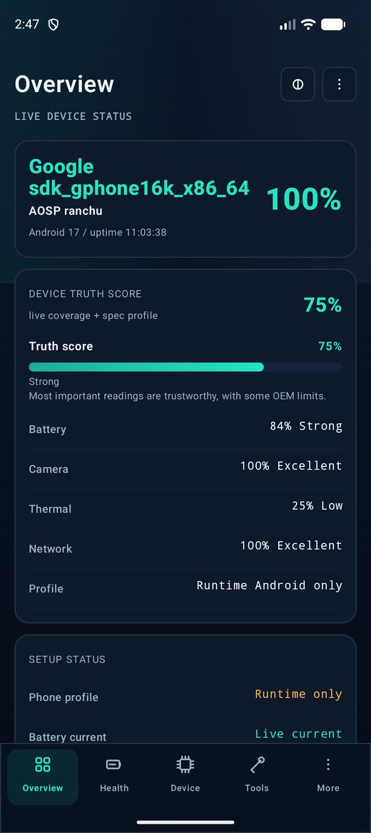 VoltGuard Overview screen showing live device status, a 75% device truth score, and per-area confidence for battery, camera, thermal and network.